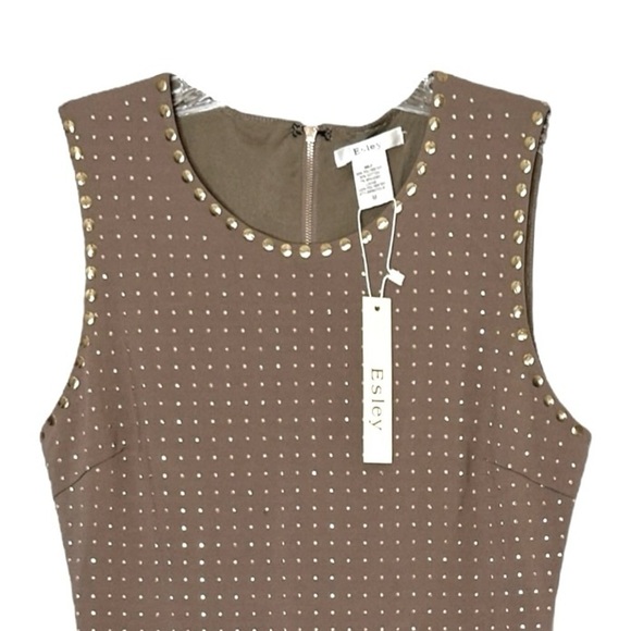 Esley Mini Bodycon Dress Size M NWT Taupe Gold Studded Sleeveless Party Rocker - Picture 4 of 8